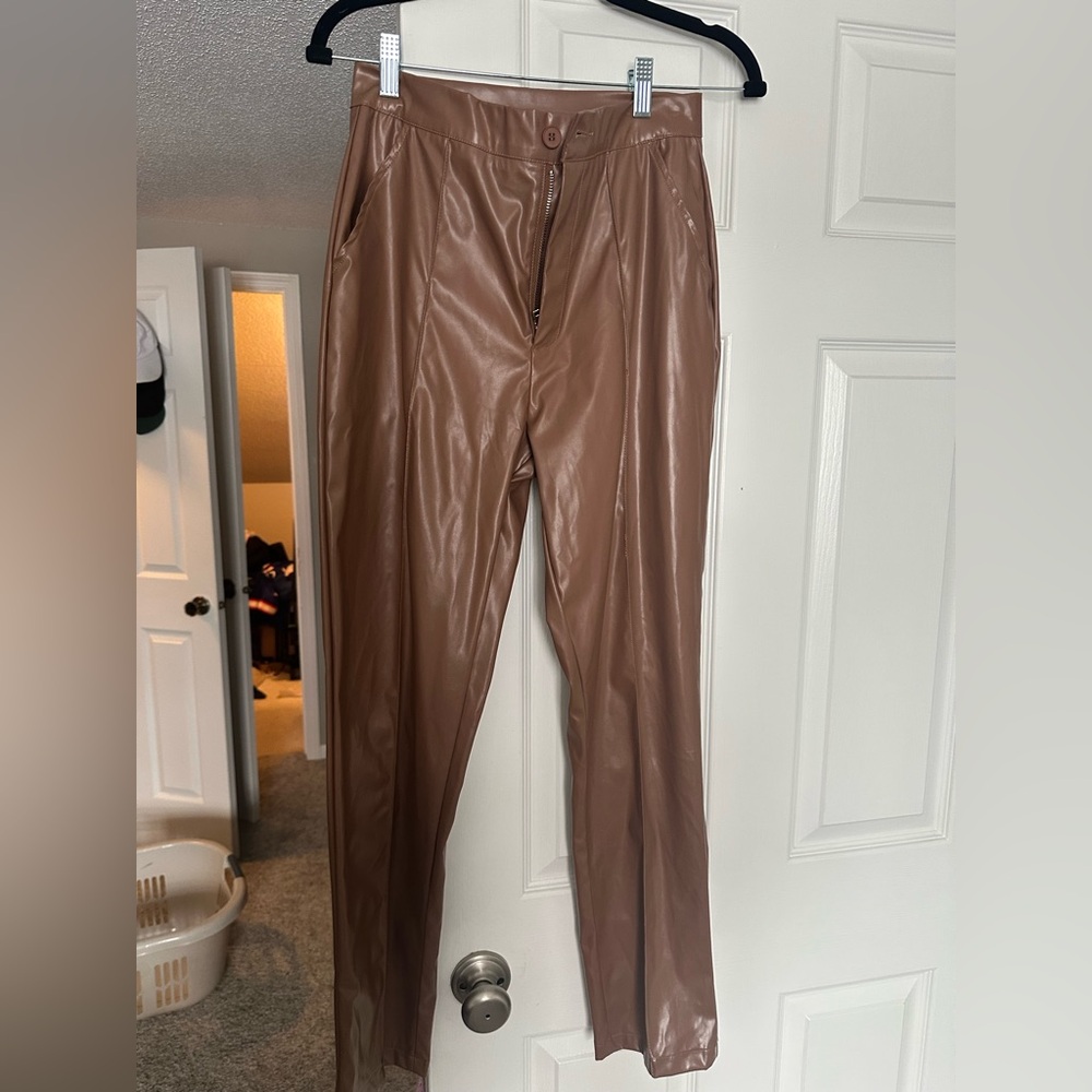 Brown, straight leg, leather pants